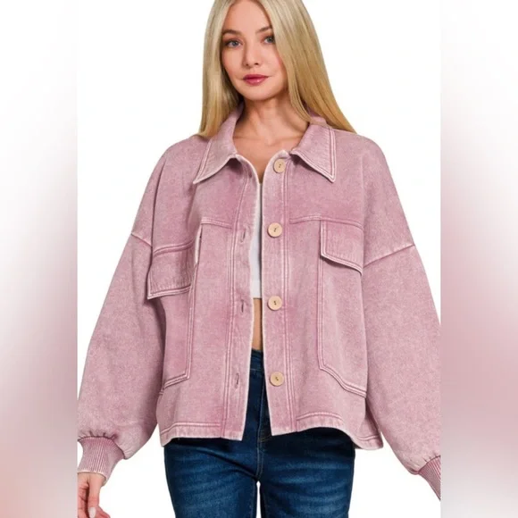 ZENANA LIGHT ROSE ACID WASH FLEECE FRONT POCKET CROPPED SHACKET - Picture 1 of 1